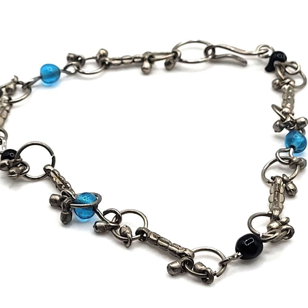 Bellydance Silver Dangle Anklet Beaded 8in